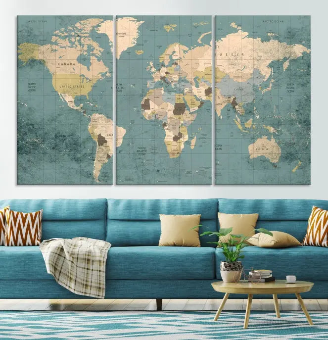 A beautiful display showcases the Classic World Map Wall Art Canvas Print in three panels. These museum-quality canvases are gallery wrapped and come with a UV-protective coating to ensure long-lasting beauty.