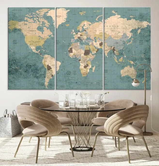 A beautiful display showcases the Classic World Map Wall Art Canvas Print in three panels. These museum-quality canvases are gallery wrapped and come with a UV-protective coating to ensure long-lasting beauty.