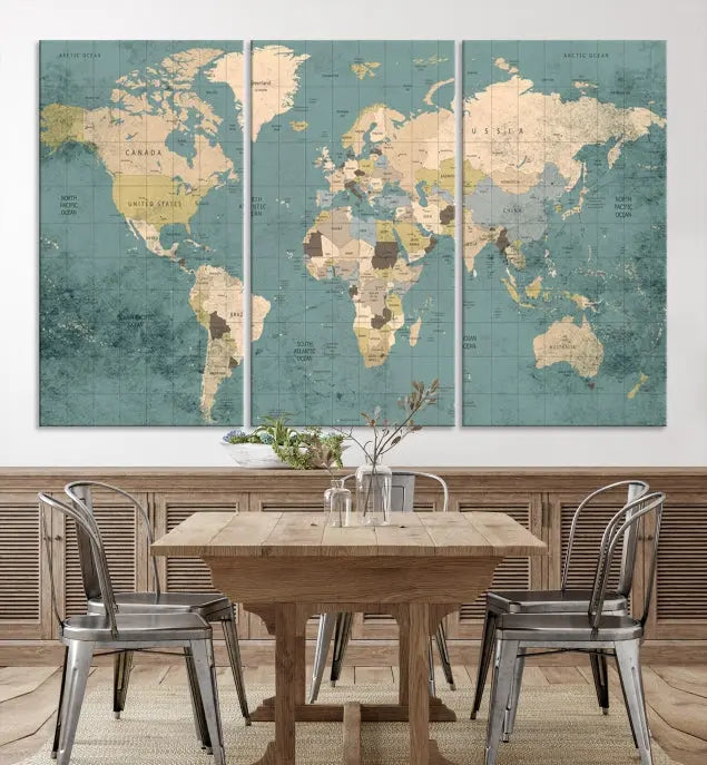 A beautiful display showcases the Classic World Map Wall Art Canvas Print in three panels. These museum-quality canvases are gallery wrapped and come with a UV-protective coating to ensure long-lasting beauty.