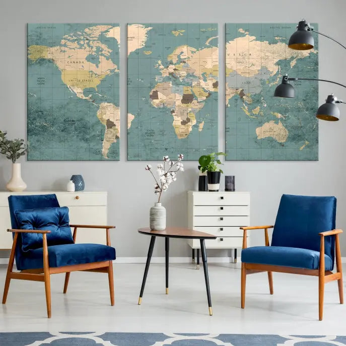 A beautiful display showcases the Classic World Map Wall Art Canvas Print in three panels. These museum-quality canvases are gallery wrapped and come with a UV-protective coating to ensure long-lasting beauty.