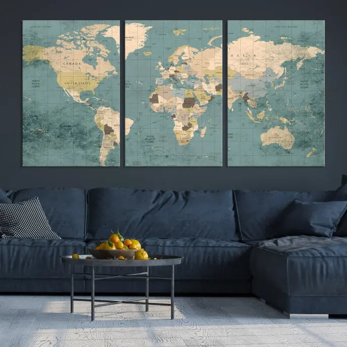 A beautiful display showcases the Classic World Map Wall Art Canvas Print in three panels. These museum-quality canvases are gallery wrapped and come with a UV-protective coating to ensure long-lasting beauty.