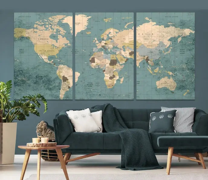 A beautiful display showcases the Classic World Map Wall Art Canvas Print in three panels. These museum-quality canvases are gallery wrapped and come with a UV-protective coating to ensure long-lasting beauty.