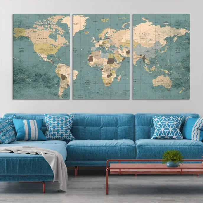 A beautiful display showcases the Classic World Map Wall Art Canvas Print in three panels. These museum-quality canvases are gallery wrapped and come with a UV-protective coating to ensure long-lasting beauty.