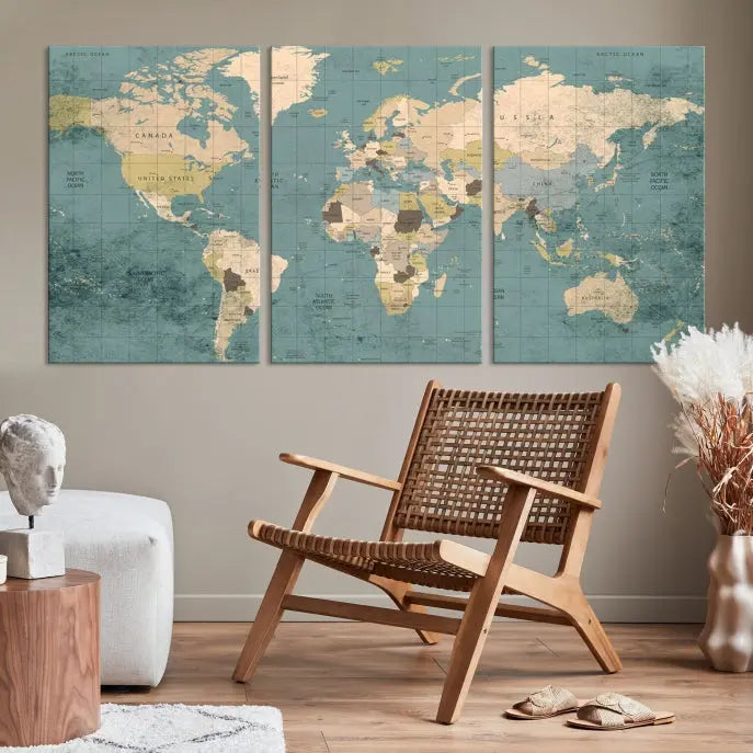 A beautiful display showcases the Classic World Map Wall Art Canvas Print in three panels. These museum-quality canvases are gallery wrapped and come with a UV-protective coating to ensure long-lasting beauty.