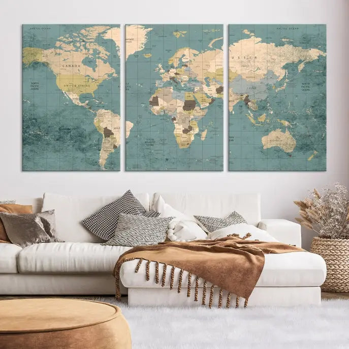 A beautiful display showcases the Classic World Map Wall Art Canvas Print in three panels. These museum-quality canvases are gallery wrapped and come with a UV-protective coating to ensure long-lasting beauty.