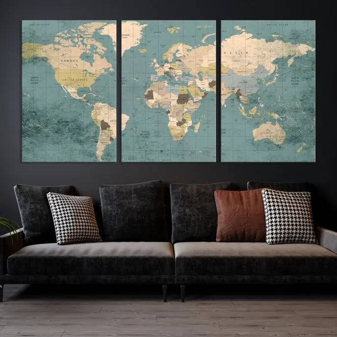 A beautiful display showcases the Classic World Map Wall Art Canvas Print in three panels. These museum-quality canvases are gallery wrapped and come with a UV-protective coating to ensure long-lasting beauty.