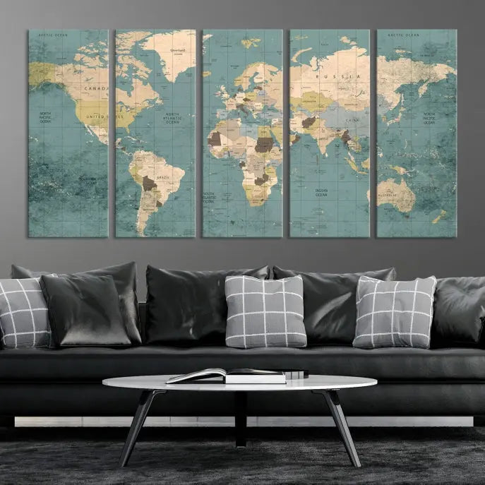 A beautiful display showcases the Classic World Map Wall Art Canvas Print in three panels. These museum-quality canvases are gallery wrapped and come with a UV-protective coating to ensure long-lasting beauty.