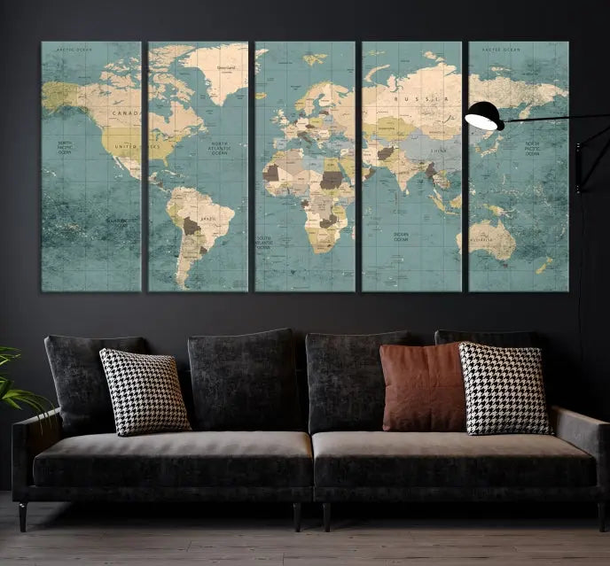 A beautiful display showcases the Classic World Map Wall Art Canvas Print in three panels. These museum-quality canvases are gallery wrapped and come with a UV-protective coating to ensure long-lasting beauty.