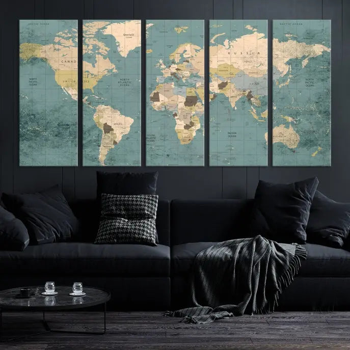 A beautiful display showcases the Classic World Map Wall Art Canvas Print in three panels. These museum-quality canvases are gallery wrapped and come with a UV-protective coating to ensure long-lasting beauty.