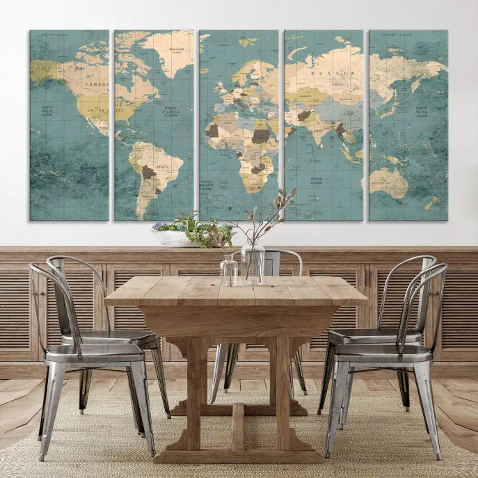 A beautiful display showcases the Classic World Map Wall Art Canvas Print in three panels. These museum-quality canvases are gallery wrapped and come with a UV-protective coating to ensure long-lasting beauty.