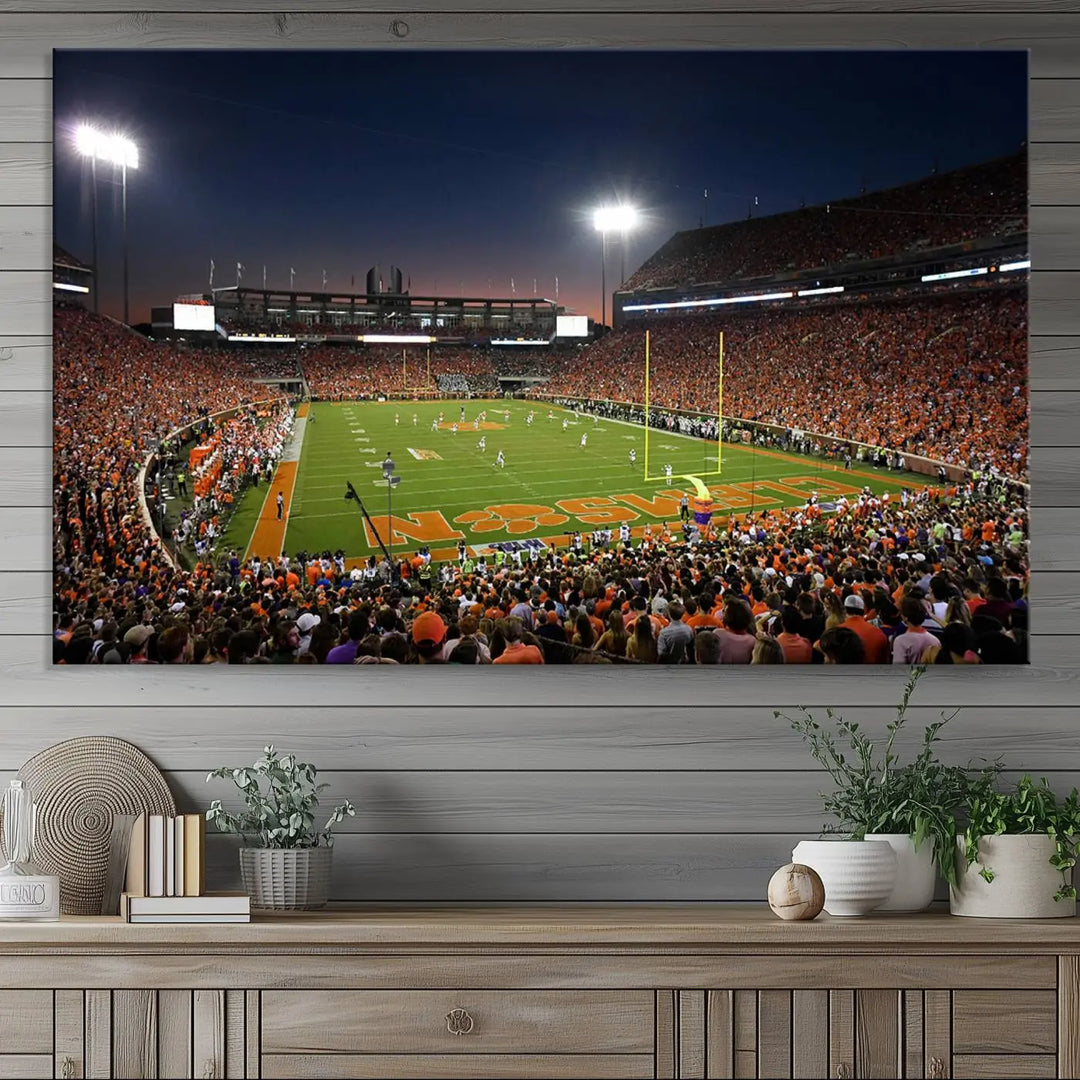 The Clemson University Tigers Football Team Print - Clemson Memorial Stadium Wall Art Canvas Print is displayed as a three-panel piece, highlighting its gallery-quality finish.