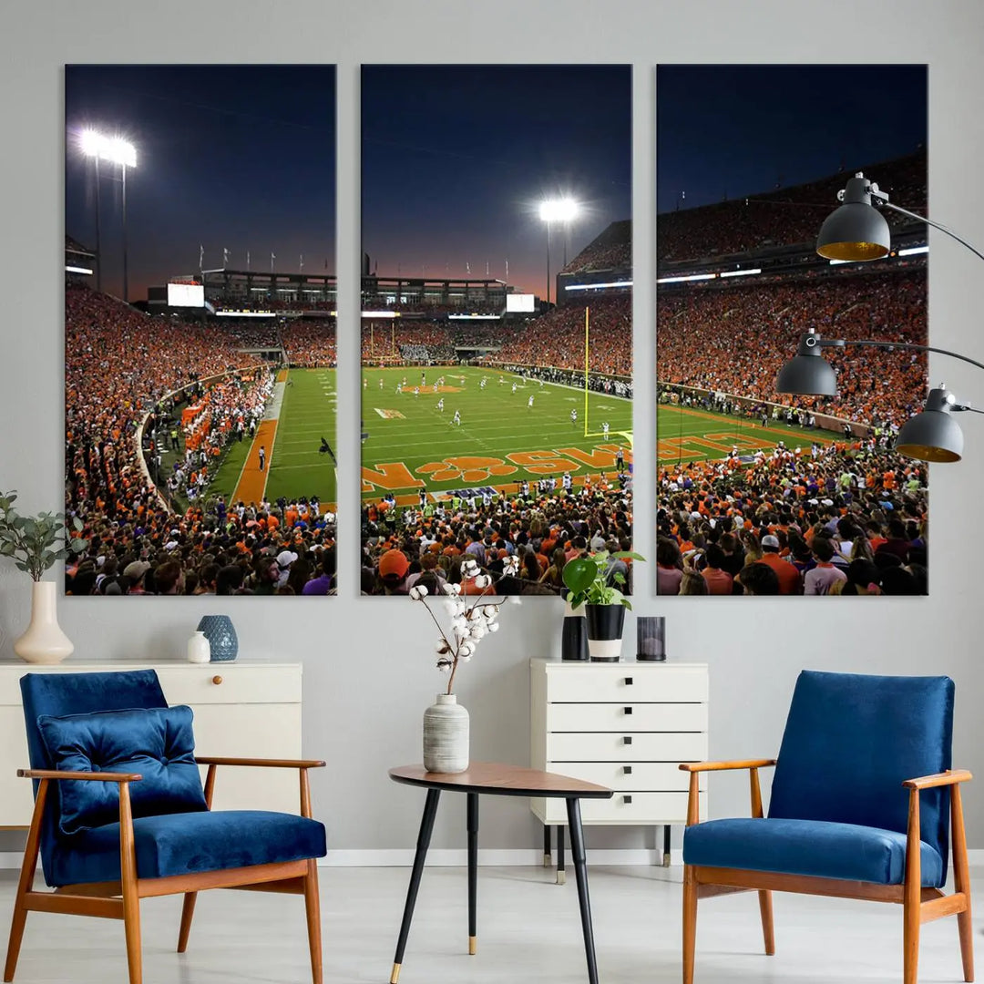 The Clemson University Tigers Football Team Print - Clemson Memorial Stadium Wall Art Canvas Print is displayed as a three-panel piece, highlighting its gallery-quality finish.