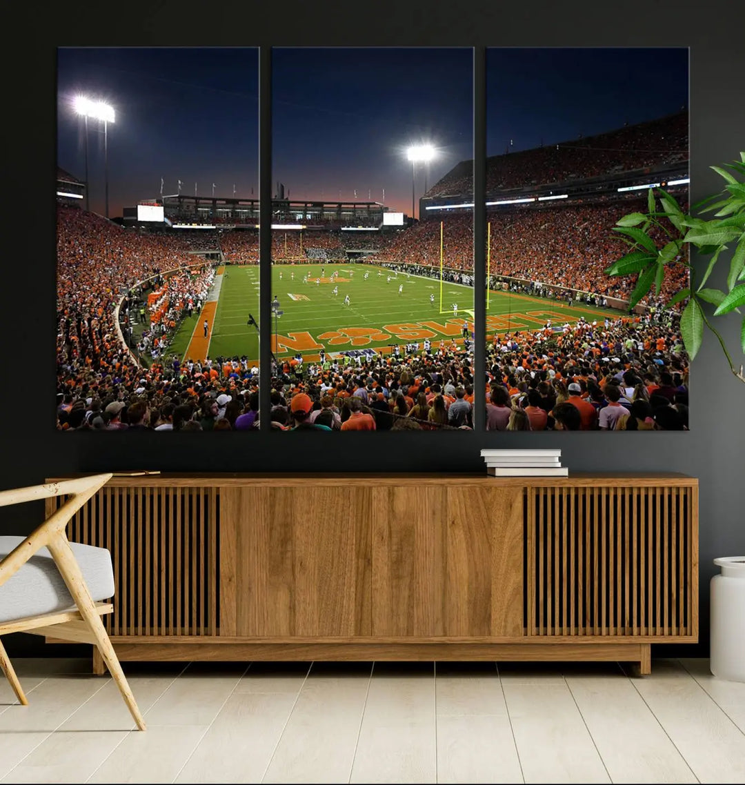 The Clemson University Tigers Football Team Print - Clemson Memorial Stadium Wall Art Canvas Print is displayed as a three-panel piece, highlighting its gallery-quality finish.