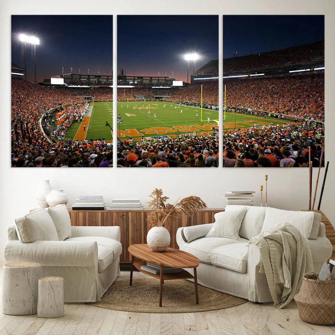 The Clemson University Tigers Football Team Print - Clemson Memorial Stadium Wall Art Canvas Print is displayed as a three-panel piece, highlighting its gallery-quality finish.