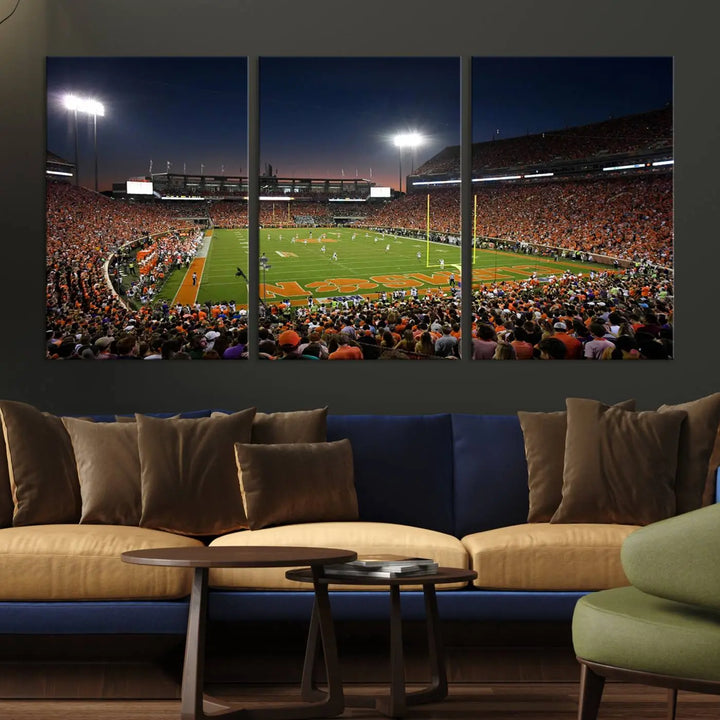 The Clemson University Tigers Football Team Print - Clemson Memorial Stadium Wall Art Canvas Print is displayed as a three-panel piece, highlighting its gallery-quality finish.