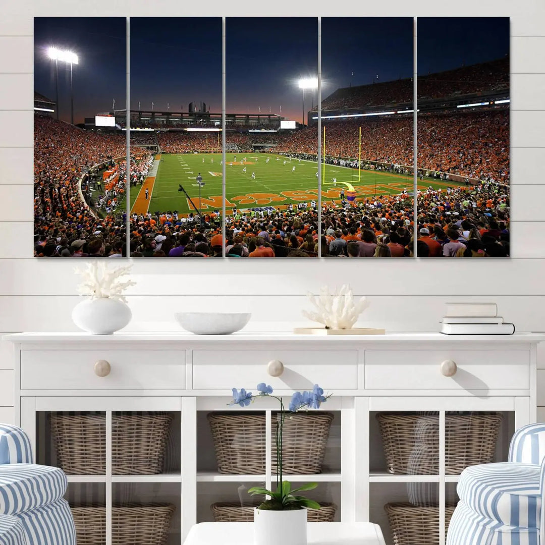 The Clemson University Tigers Football Team Print - Clemson Memorial Stadium Wall Art Canvas Print is displayed as a three-panel piece, highlighting its gallery-quality finish.