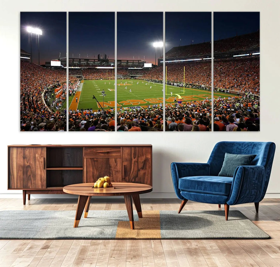 The Clemson University Tigers Football Team Print - Clemson Memorial Stadium Wall Art Canvas Print is displayed as a three-panel piece, highlighting its gallery-quality finish.