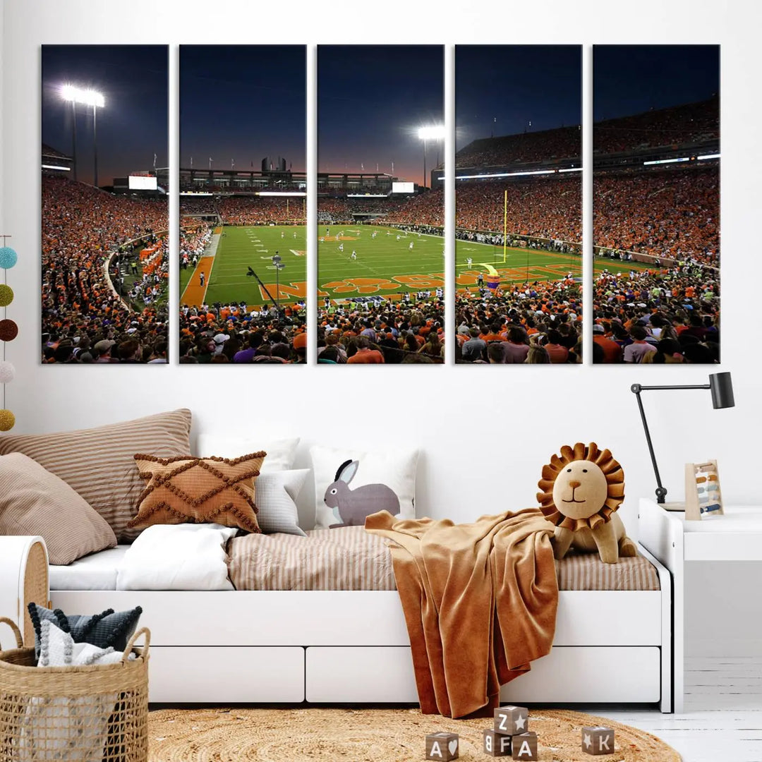 The Clemson University Tigers Football Team Print - Clemson Memorial Stadium Wall Art Canvas Print is displayed as a three-panel piece, highlighting its gallery-quality finish.