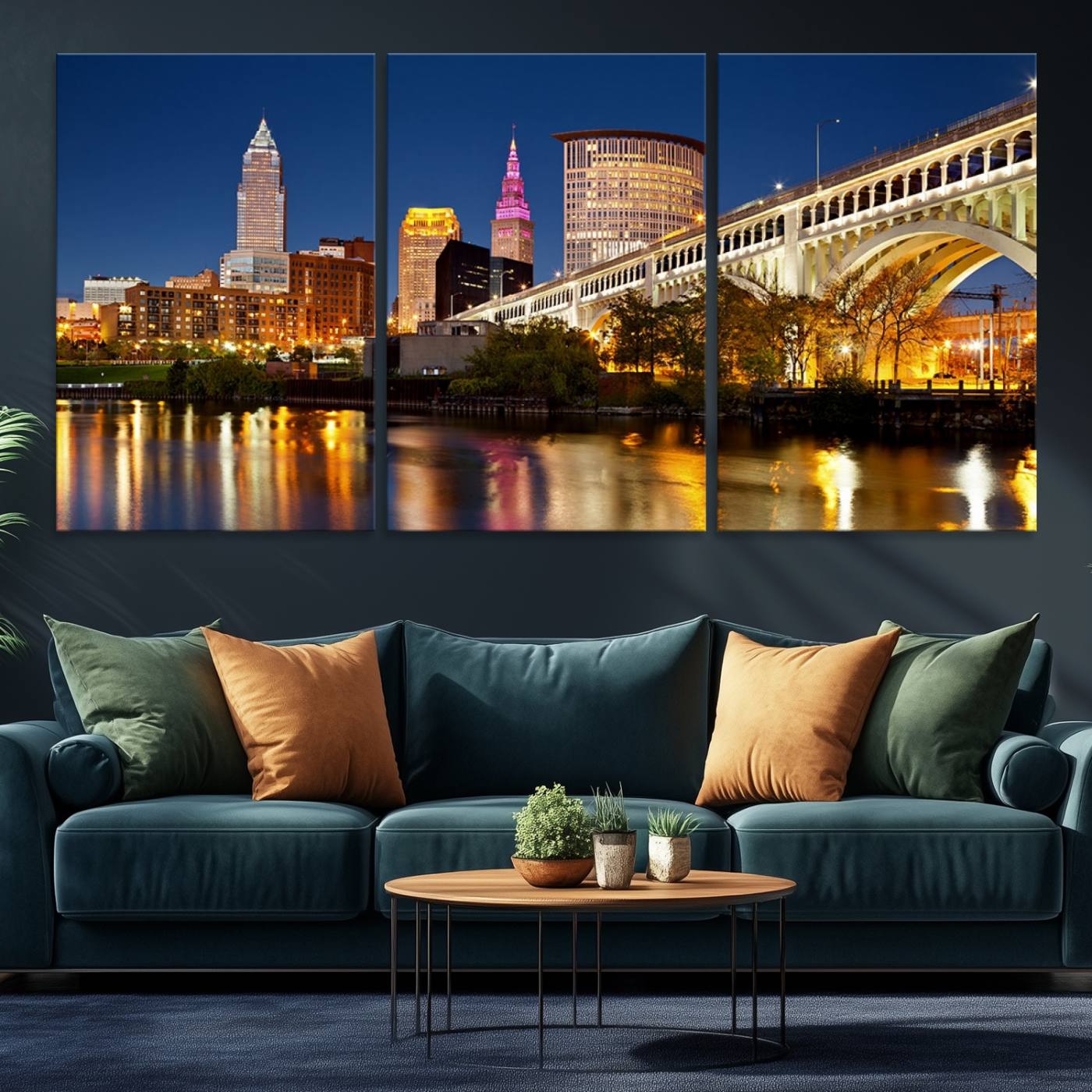 Cleveland City Lights Night Skyline Cityscape View Wall Art Canvas Print