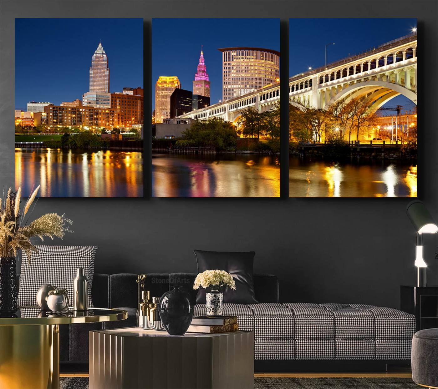 19443-MGV-CV-36X24-Cleveland City Lights Night Skyline Cityscape View Wall Art Canvas Print