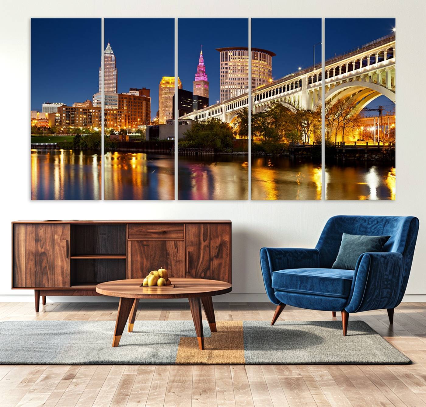19443-MGV-CV-36X24-Cleveland City Lights Night Skyline Cityscape View Wall Art Canvas Print