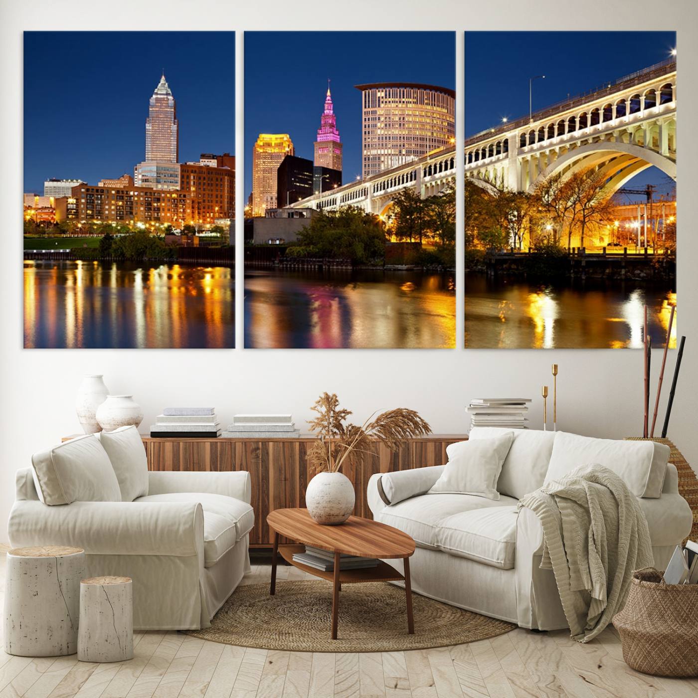 Cleveland City Lights Night Skyline Cityscape View Wall Art Canvas Print