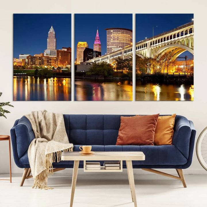 The Cleveland City Lights Night Skyline Cityscape View Wall Art Canvas Print adorns the walls, offering a striking focal point. These gallery-wrapped canvas prints provide museum-quality elegance.