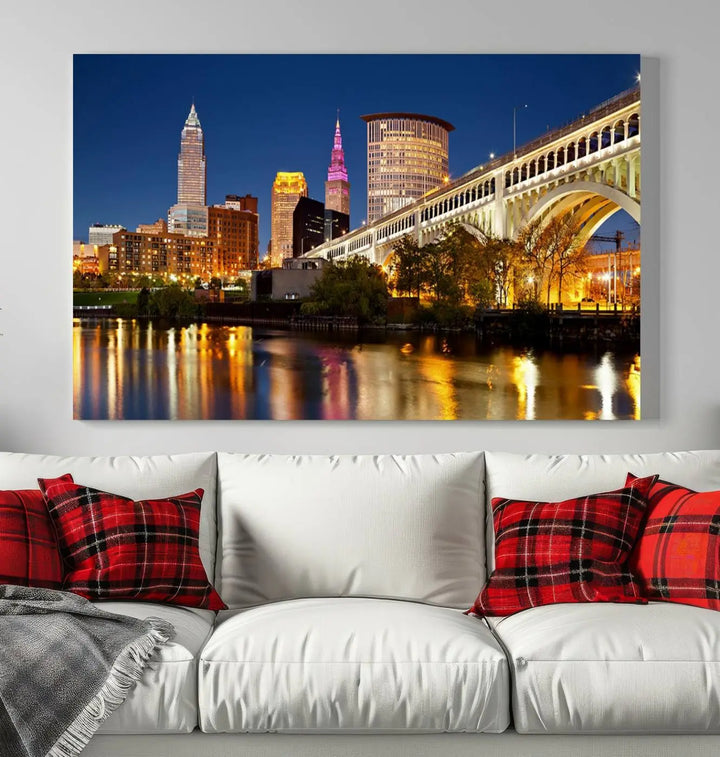 The Cleveland City Lights Night Skyline Cityscape View Wall Art Canvas Print adorns the walls, offering a striking focal point. These gallery-wrapped canvas prints provide museum-quality elegance.