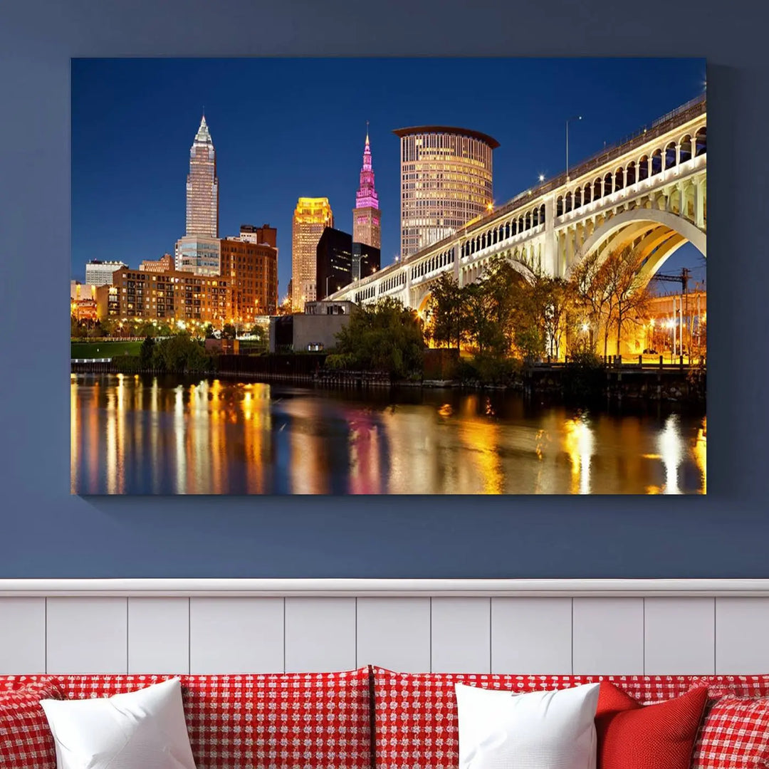 The Cleveland City Lights Night Skyline Cityscape View Wall Art Canvas Print adorns the walls, offering a striking focal point. These gallery-wrapped canvas prints provide museum-quality elegance.