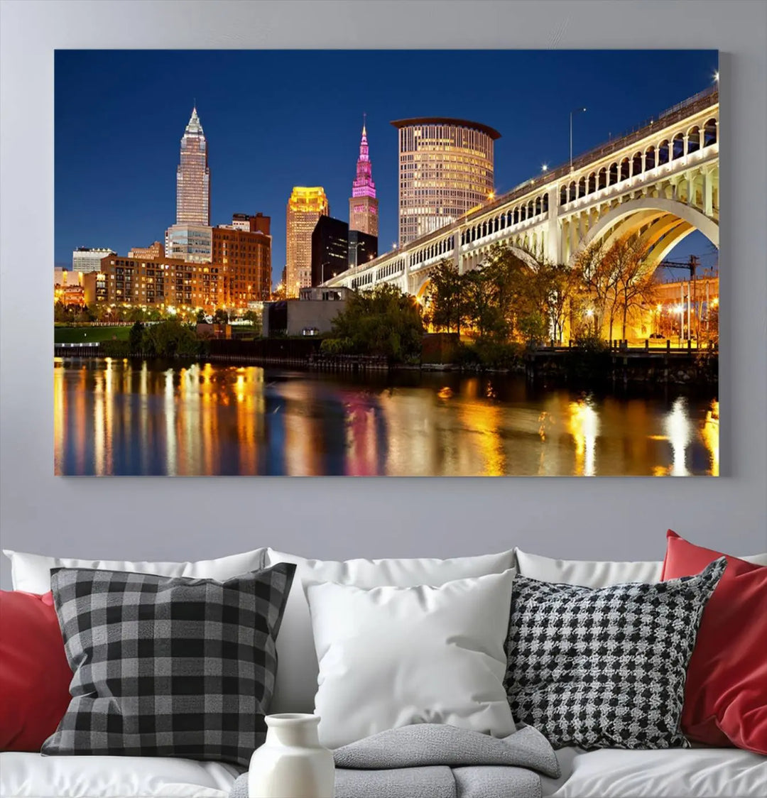 The Cleveland City Lights Night Skyline Cityscape View Wall Art Canvas Print adorns the walls, offering a striking focal point. These gallery-wrapped canvas prints provide museum-quality elegance.