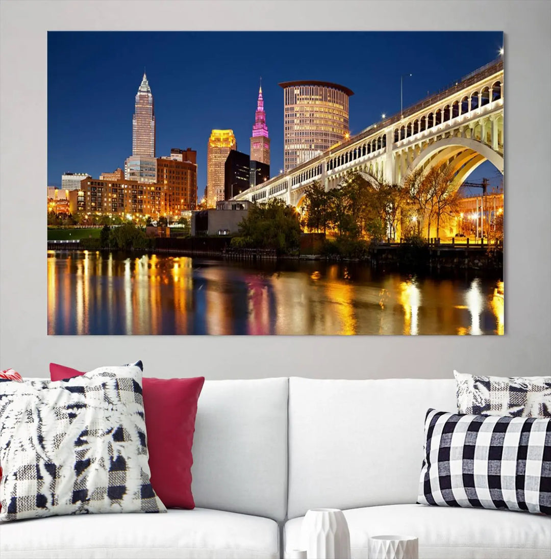 The Cleveland City Lights Night Skyline Cityscape View Wall Art Canvas Print adorns the walls, offering a striking focal point. These gallery-wrapped canvas prints provide museum-quality elegance.