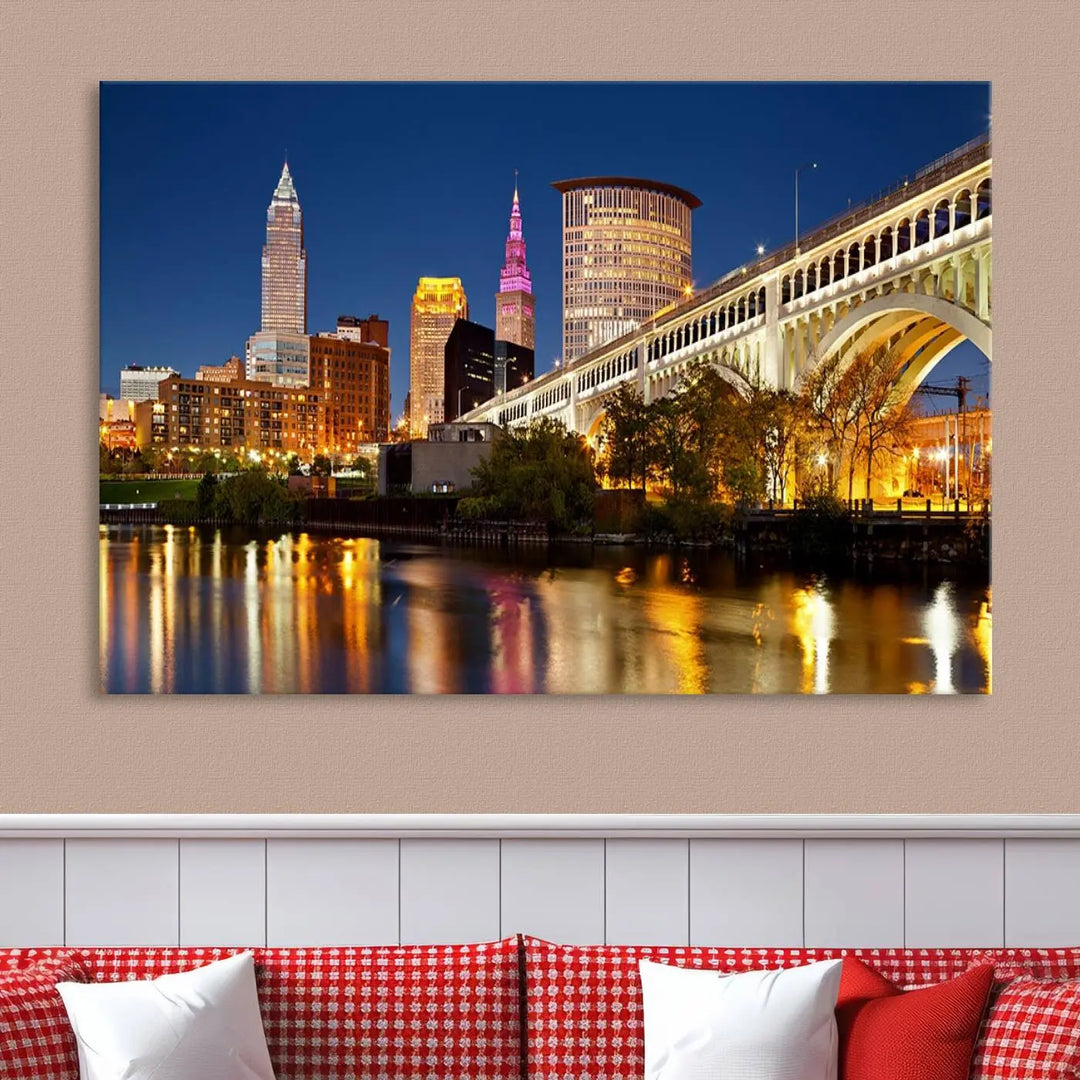 The Cleveland City Lights Night Skyline Cityscape View Wall Art Canvas Print adorns the walls, offering a striking focal point. These gallery-wrapped canvas prints provide museum-quality elegance.