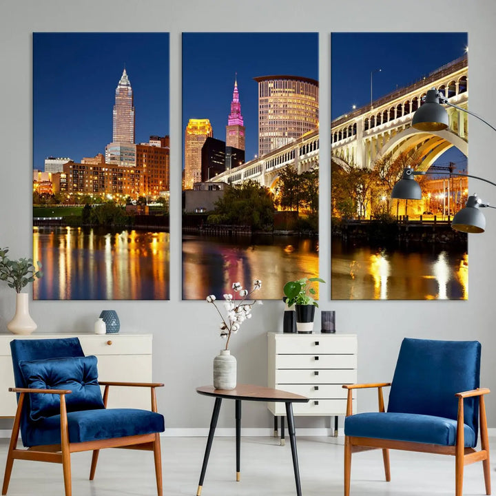 The Cleveland City Lights Night Skyline Cityscape View Wall Art Canvas Print adorns the walls, offering a striking focal point. These gallery-wrapped canvas prints provide museum-quality elegance.