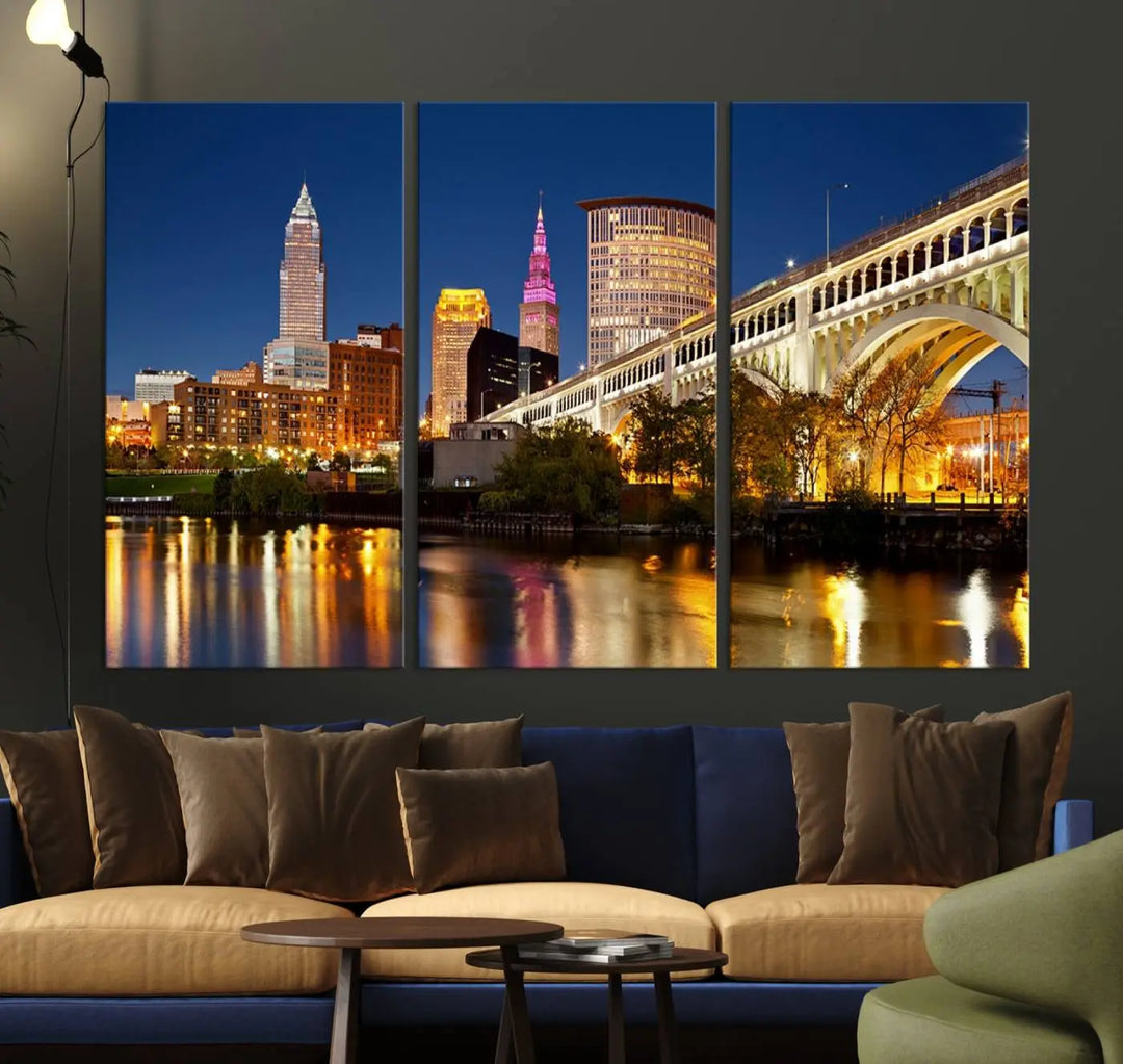 The Cleveland City Lights Night Skyline Cityscape View Wall Art Canvas Print adorns the walls, offering a striking focal point. These gallery-wrapped canvas prints provide museum-quality elegance.