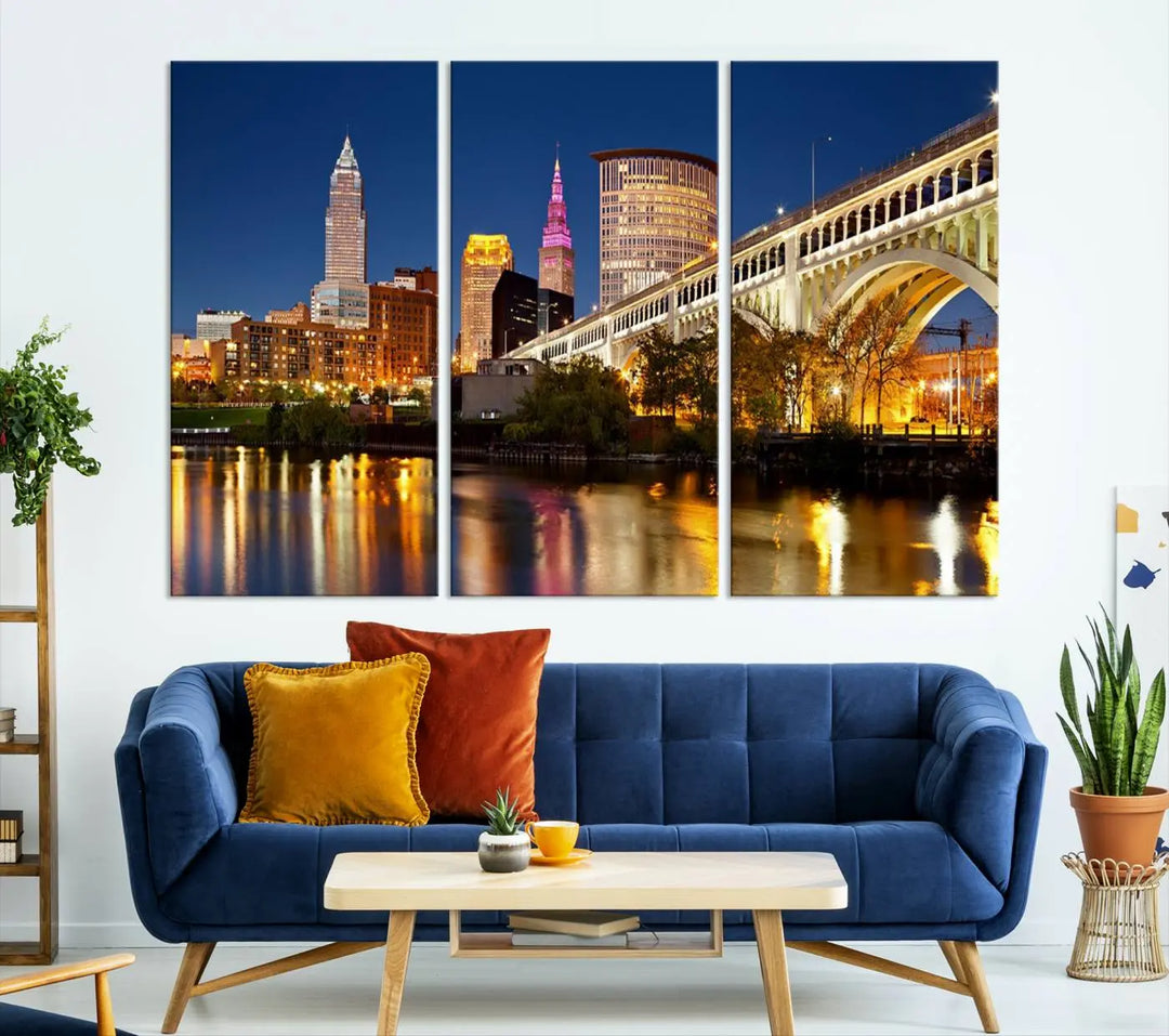 The Cleveland City Lights Night Skyline Cityscape View Wall Art Canvas Print adorns the walls, offering a striking focal point. These gallery-wrapped canvas prints provide museum-quality elegance.