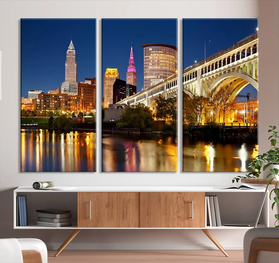 The Cleveland City Lights Night Skyline Cityscape View Wall Art Canvas Print adorns the walls, offering a striking focal point. These gallery-wrapped canvas prints provide museum-quality elegance.