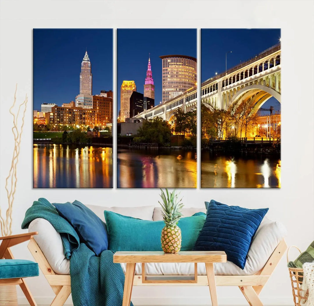 The Cleveland City Lights Night Skyline Cityscape View Wall Art Canvas Print adorns the walls, offering a striking focal point. These gallery-wrapped canvas prints provide museum-quality elegance.