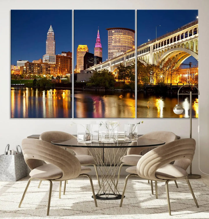 The Cleveland City Lights Night Skyline Cityscape View Wall Art Canvas Print adorns the walls, offering a striking focal point. These gallery-wrapped canvas prints provide museum-quality elegance.