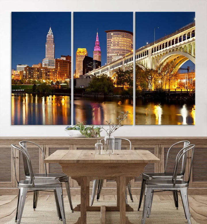 The Cleveland City Lights Night Skyline Cityscape View Wall Art Canvas Print adorns the walls, offering a striking focal point. These gallery-wrapped canvas prints provide museum-quality elegance.