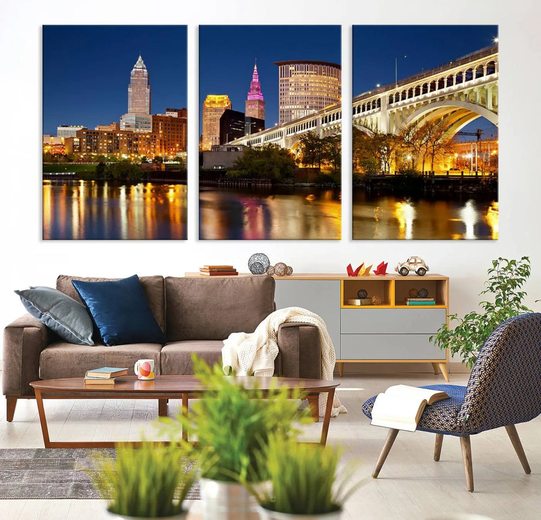 The Cleveland City Lights Night Skyline Cityscape View Wall Art Canvas Print adorns the walls, offering a striking focal point. These gallery-wrapped canvas prints provide museum-quality elegance.