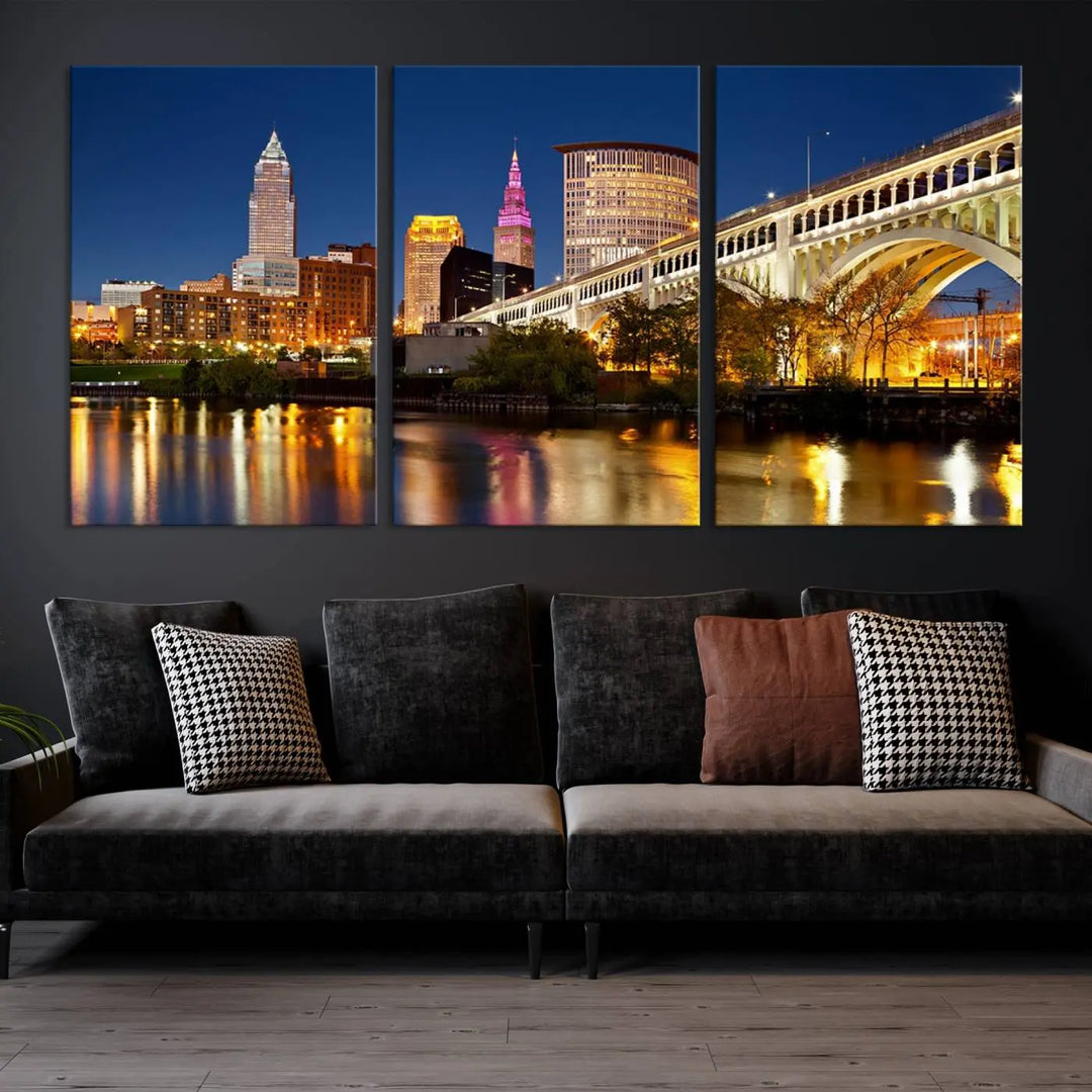 The Cleveland City Lights Night Skyline Cityscape View Wall Art Canvas Print adorns the walls, offering a striking focal point. These gallery-wrapped canvas prints provide museum-quality elegance.