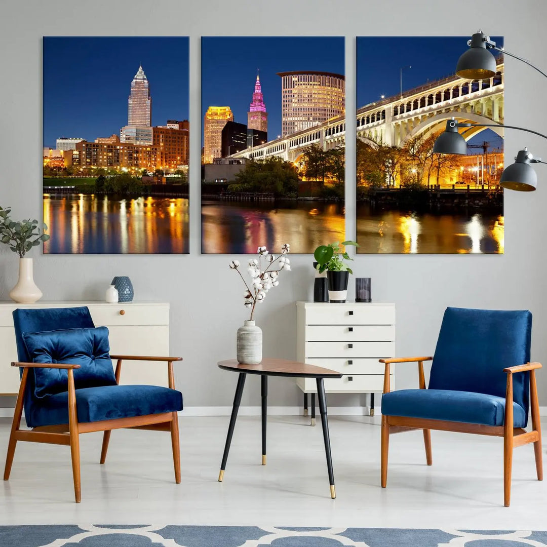 The Cleveland City Lights Night Skyline Cityscape View Wall Art Canvas Print adorns the walls, offering a striking focal point. These gallery-wrapped canvas prints provide museum-quality elegance.