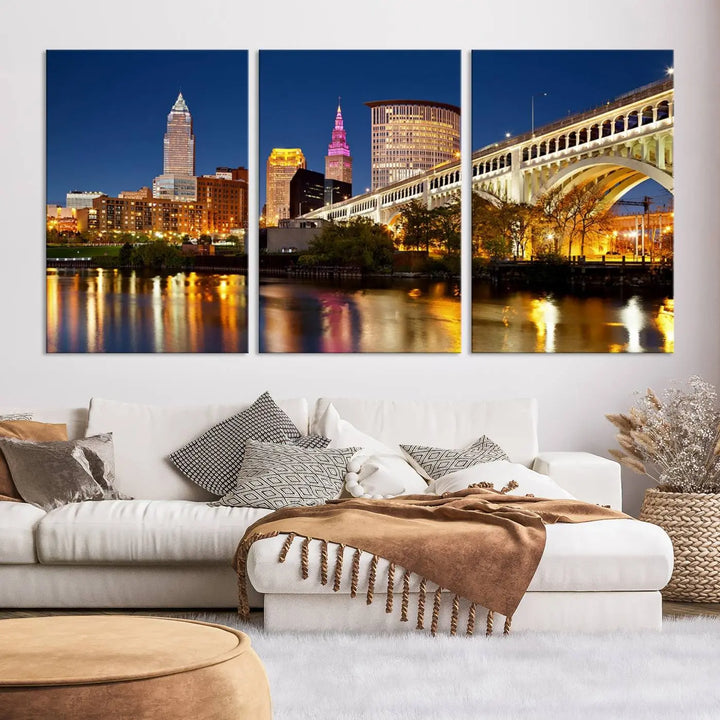 The Cleveland City Lights Night Skyline Cityscape View Wall Art Canvas Print adorns the walls, offering a striking focal point. These gallery-wrapped canvas prints provide museum-quality elegance.