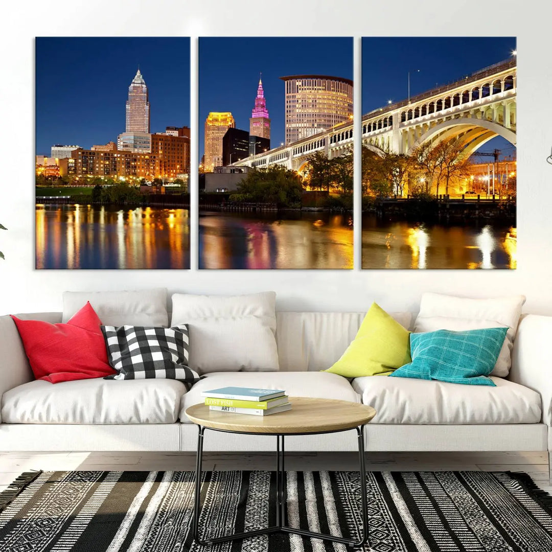 The Cleveland City Lights Night Skyline Cityscape View Wall Art Canvas Print adorns the walls, offering a striking focal point. These gallery-wrapped canvas prints provide museum-quality elegance.