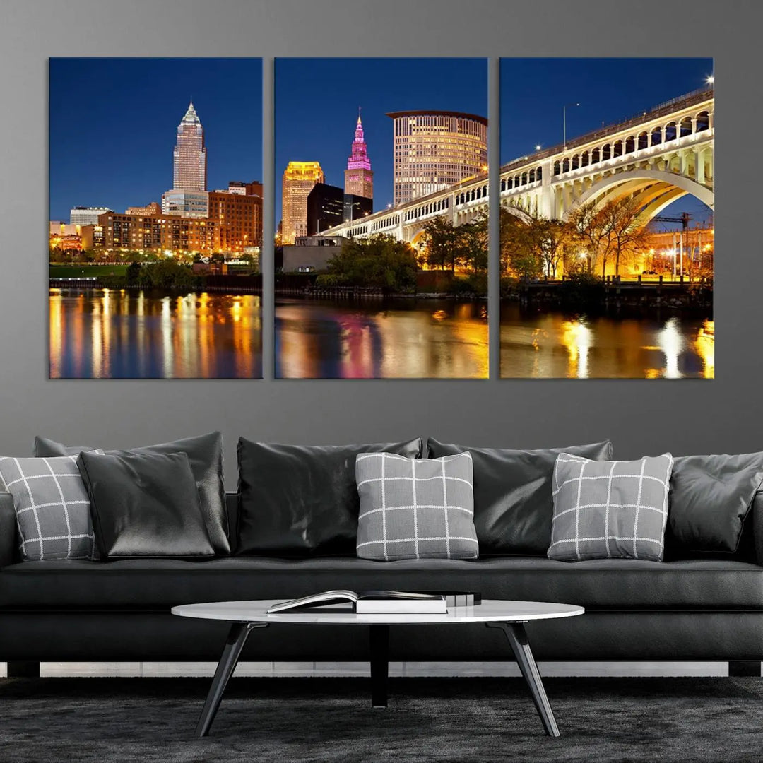 The Cleveland City Lights Night Skyline Cityscape View Wall Art Canvas Print adorns the walls, offering a striking focal point. These gallery-wrapped canvas prints provide museum-quality elegance.