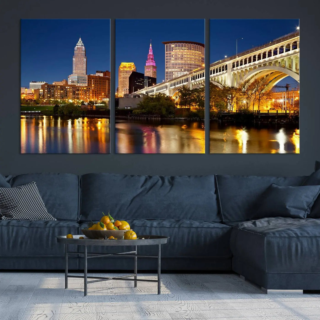 The Cleveland City Lights Night Skyline Cityscape View Wall Art Canvas Print adorns the walls, offering a striking focal point. These gallery-wrapped canvas prints provide museum-quality elegance.