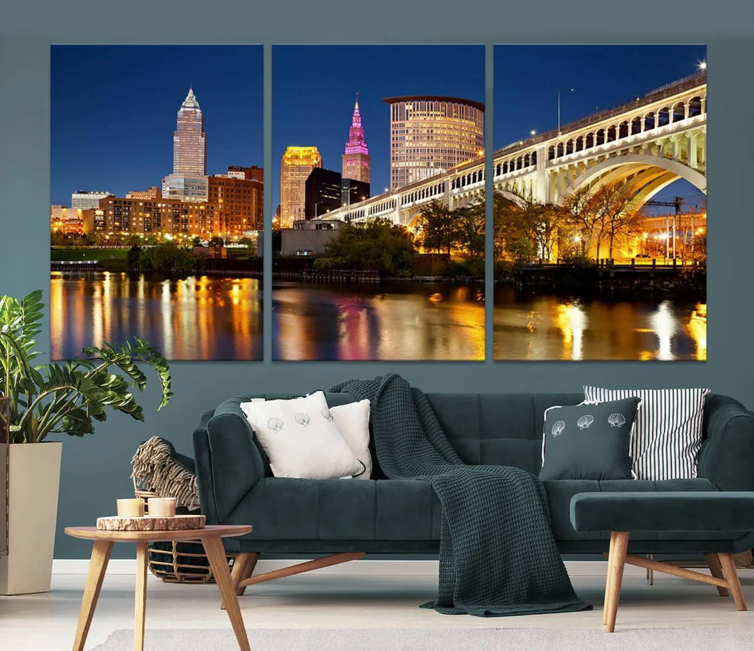 The Cleveland City Lights Night Skyline Cityscape View Wall Art Canvas Print adorns the walls, offering a striking focal point. These gallery-wrapped canvas prints provide museum-quality elegance.