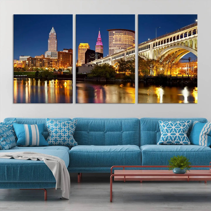 The Cleveland City Lights Night Skyline Cityscape View Wall Art Canvas Print adorns the walls, offering a striking focal point. These gallery-wrapped canvas prints provide museum-quality elegance.