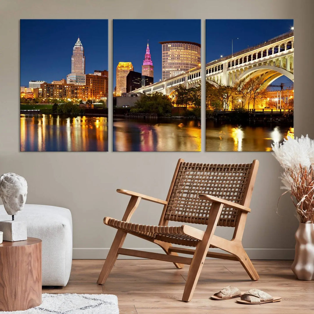 The Cleveland City Lights Night Skyline Cityscape View Wall Art Canvas Print adorns the walls, offering a striking focal point. These gallery-wrapped canvas prints provide museum-quality elegance.