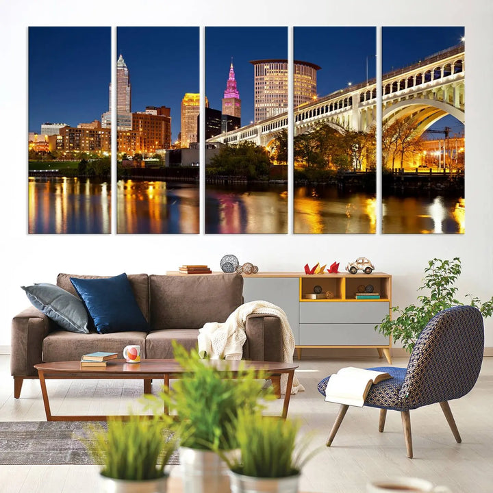 The Cleveland City Lights Night Skyline Cityscape View Wall Art Canvas Print adorns the walls, offering a striking focal point. These gallery-wrapped canvas prints provide museum-quality elegance.